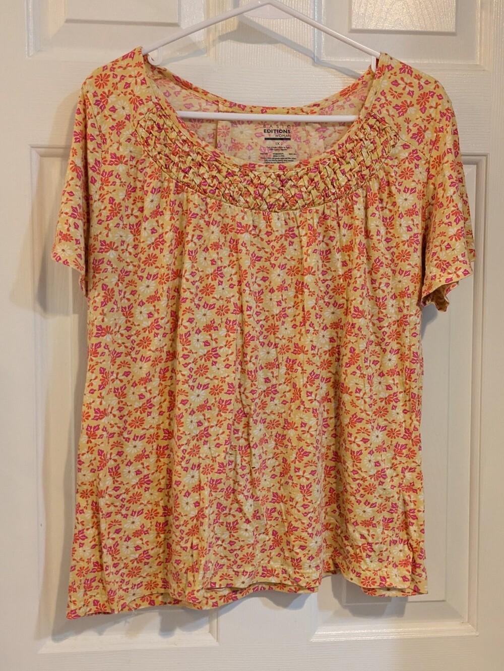 Basic Editions Yellow Floral Short Sleeve Tee with Pink Accents